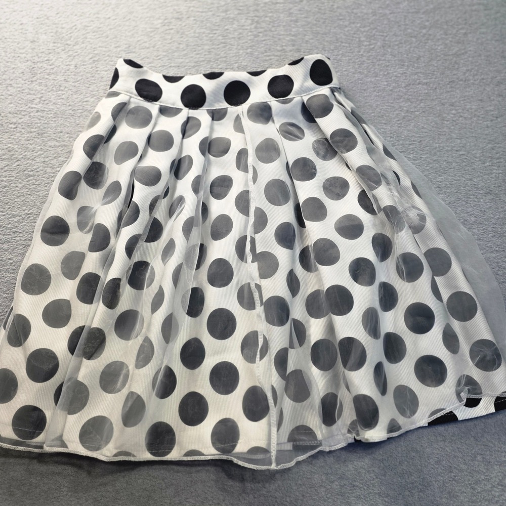 Pleated Skater Skirt Womens M Black White Polka Dot Mesh Overlay A-Line Retro